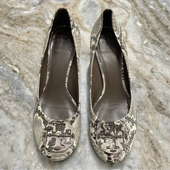 Tory Burch Chunky Heel Shoes Women's 8.5 M Gray Leather Snakeskin Print - Picture 15 of 15